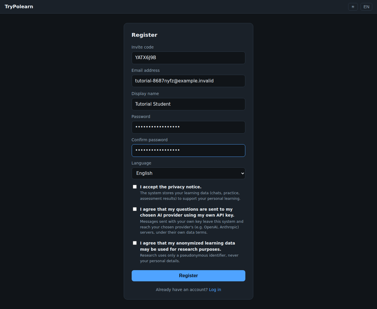The registration form: invite code, email, display name, password fields, language selector set to English, and the three consent checkboxes.