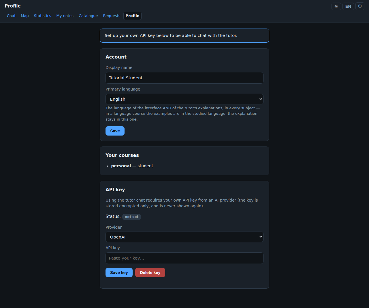 The Profile page: account section, your courses, and the API key section with a provider dropdown and a password-style key field.