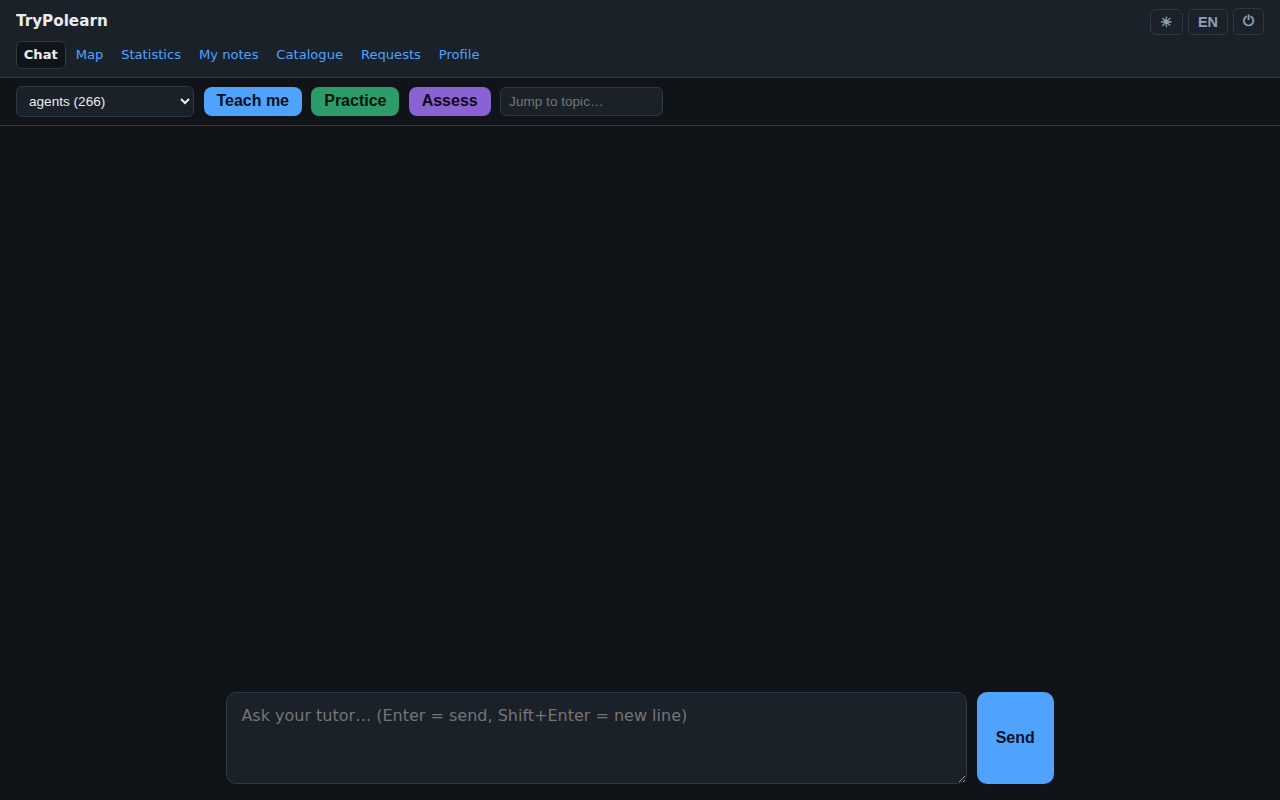 The chat page with the agents subject selected, showing the Teach me, Practice and Assess buttons and the message input at the bottom.