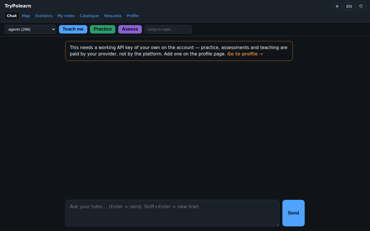 The chat page after clicking Teach me, showing the message that a working API key is required, with a link to the profile page.