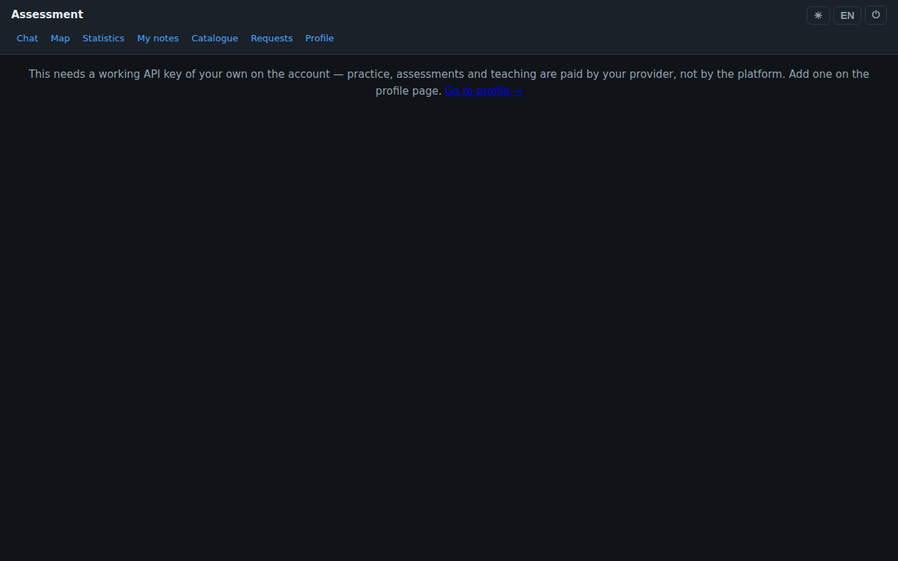 The assessment page, showing the same working-API-key-required message as the chat page, with a link back to the profile page.