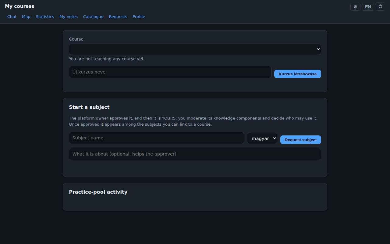 The My courses page, showing an empty course dropdown, and the Start a subject panel with a subject-name field, a language selector, and a Request subject button.